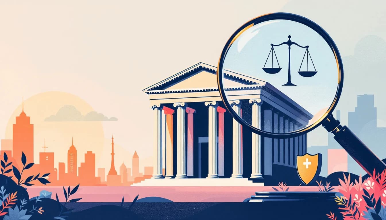 Federal courthouse and scales of justice overlooking a city, warm editorial illustration