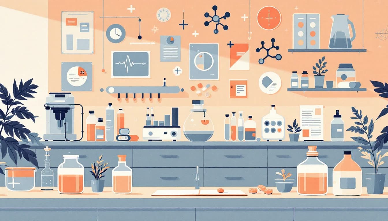 Laboratory research setting with molecular structures and pharmaceutical innovation symbols, warm editorial illustration