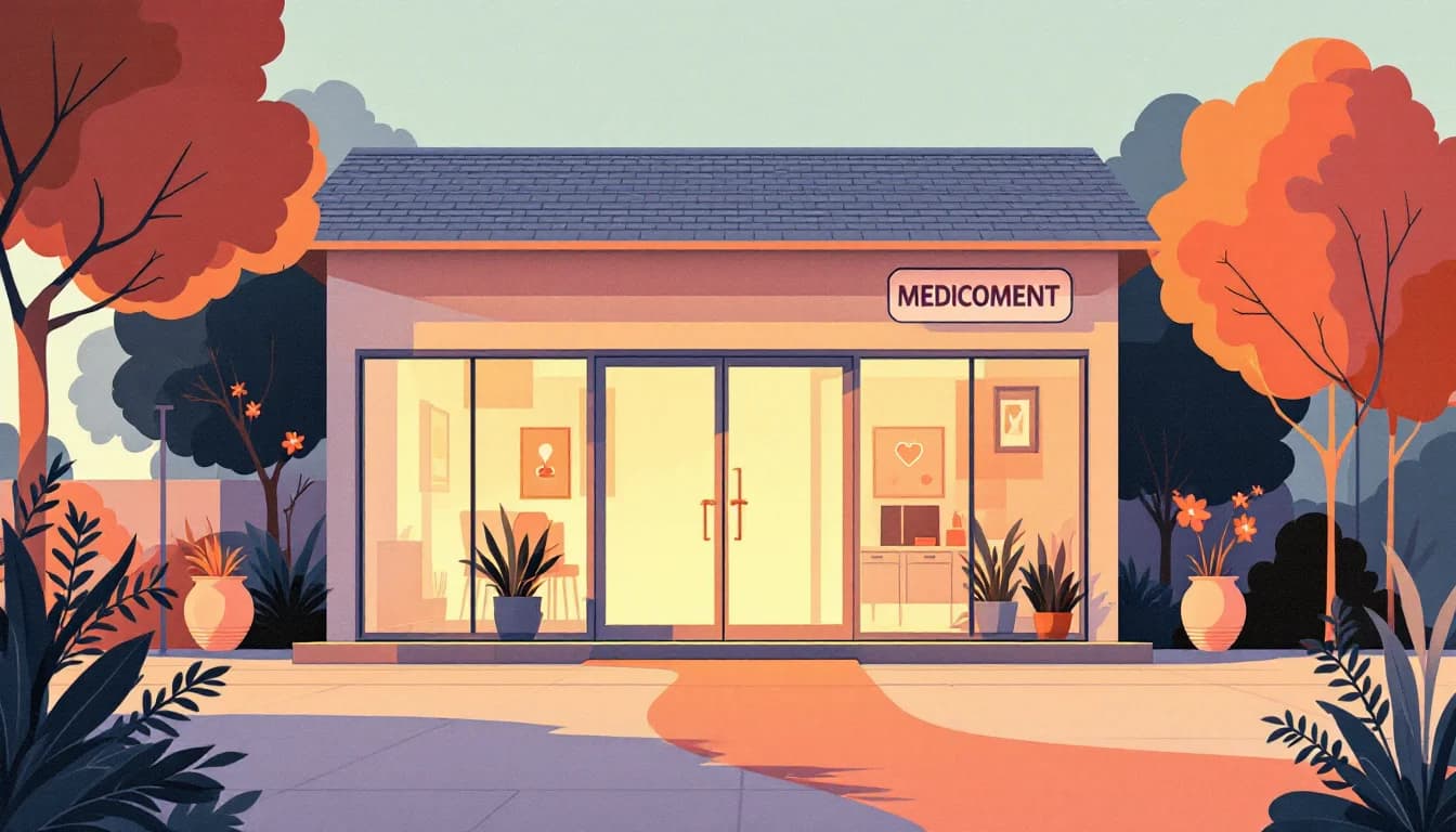 Medication-assisted treatment facility with welcoming open doors, warm editorial illustration in soft amber and sage tones
