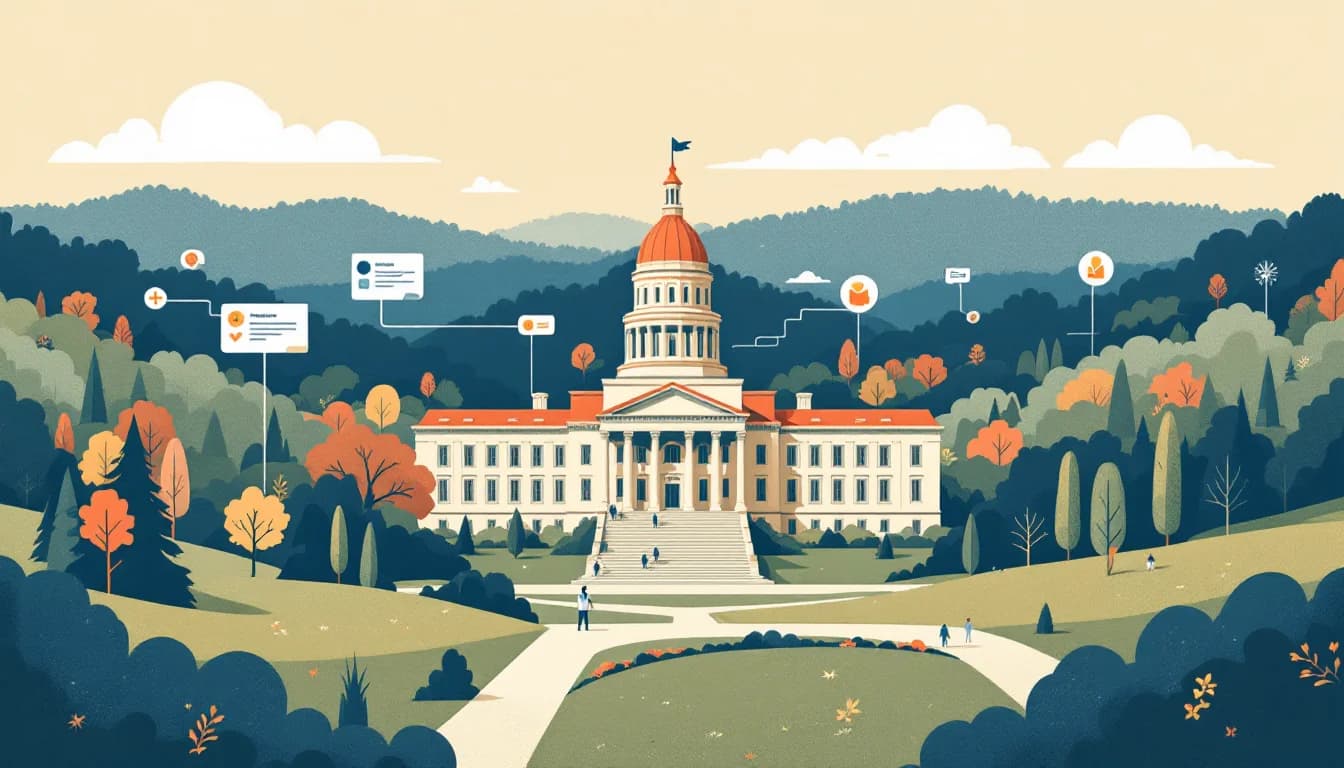 West Virginia state capitol building with funding distribution symbols, legislative documents, and community support network