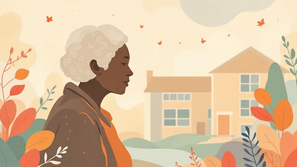 Warm editorial illustration showing older adult silhouette with supportive care network, soft amber and sage tones