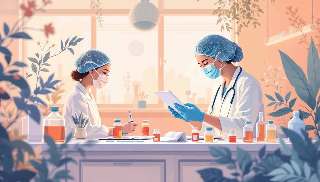 Medical research laboratory with medication vials and clinical trial documentation, warm editorial illustration