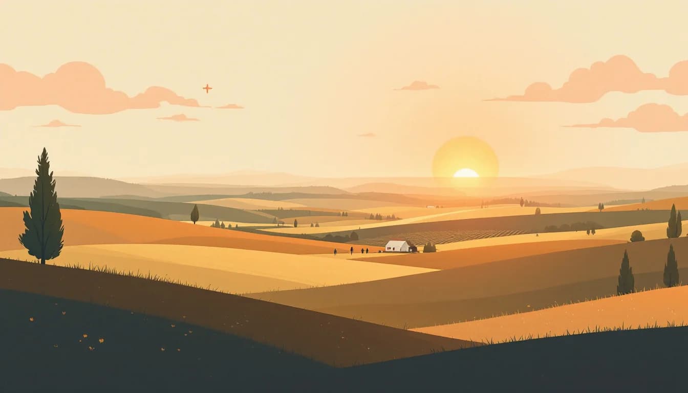 Wisconsin landscape with symbols of hope and recovery, declining trend arrows, warm editorial illustration