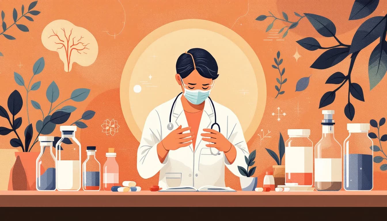 Medical research laboratory with pill and medication symbols, nerve pathway visualization representing pain relief innovation