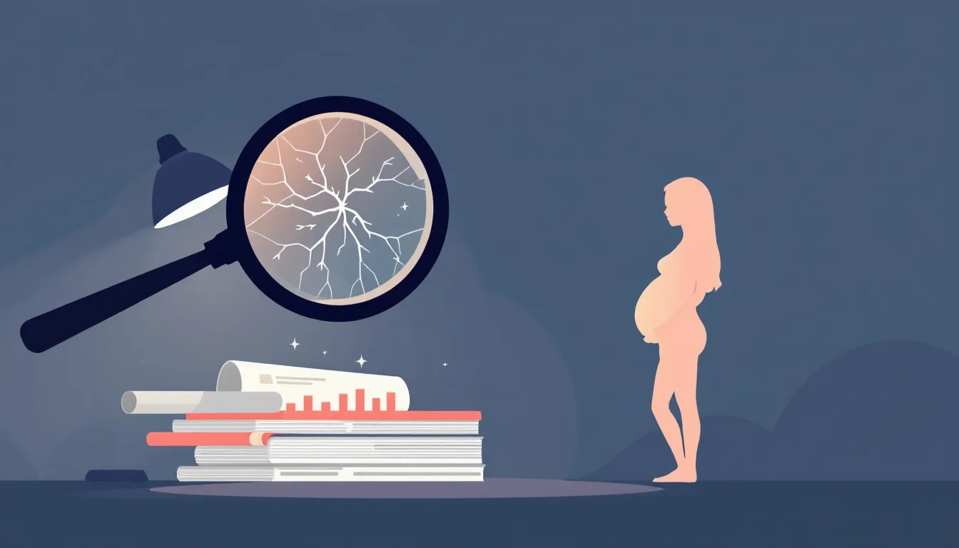 Flat vector editorial illustration of a magnifying glass revealing cracks in a stack of research papers beside an expectant mother protected under an umbrella of light, symbolizing an investigation into flawed pregnancy and opioid research