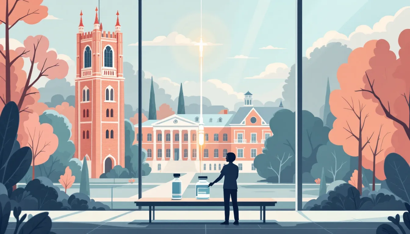 Flat vector editorial illustration of a university medical campus laboratory where an injection pen and a medication bottle stand side by side connected to a calm human silhouette, symbolizing a trial combining two medicines for opioid addiction