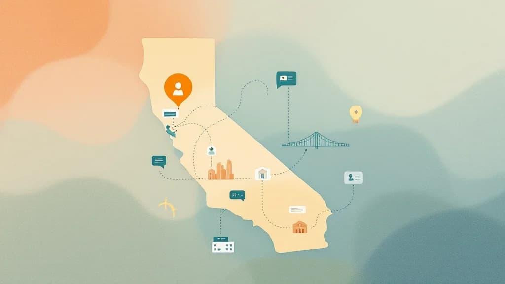 California state outline with communication symbols and treatment pathways, warm editorial illustration