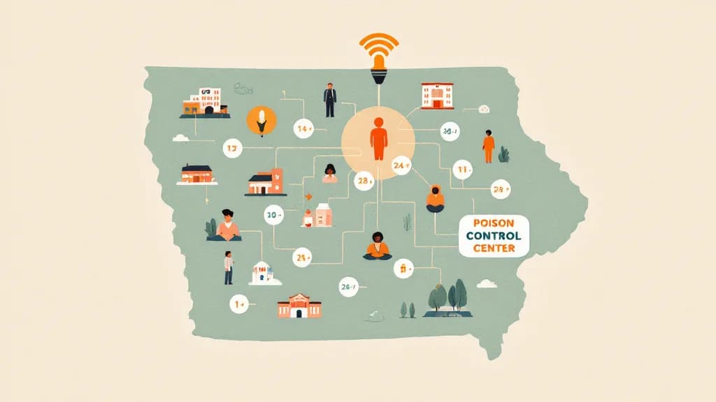 Iowa state map with communication network connecting medical facilities, consultation pathways, warm editorial illustration