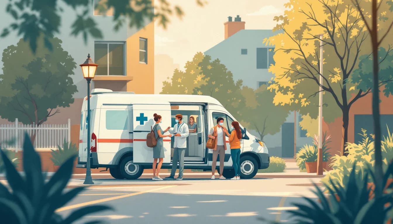 Mobile medical van providing addiction treatment services in an urban neighborhood, warm editorial illustration