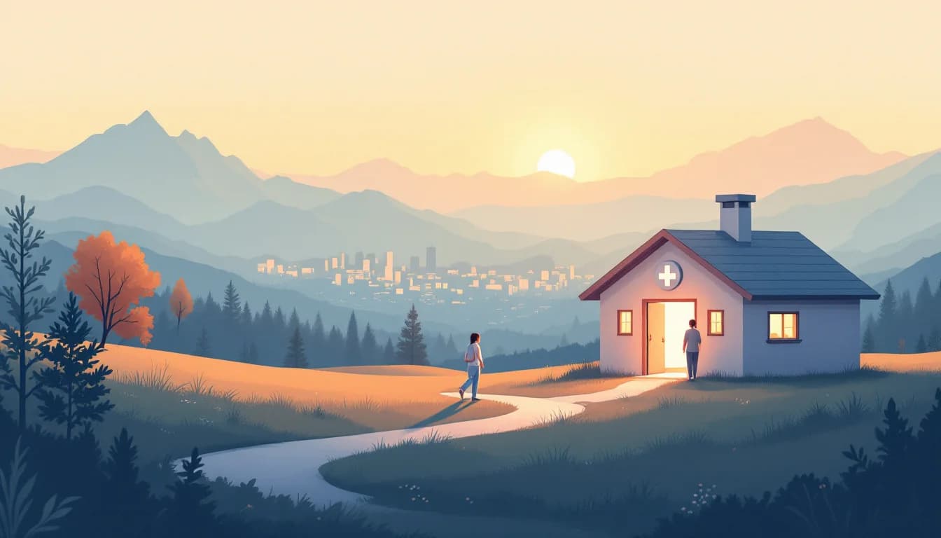 Small city in a mountain valley at sunrise with a healthcare facility opening its doors, warm editorial illustration
