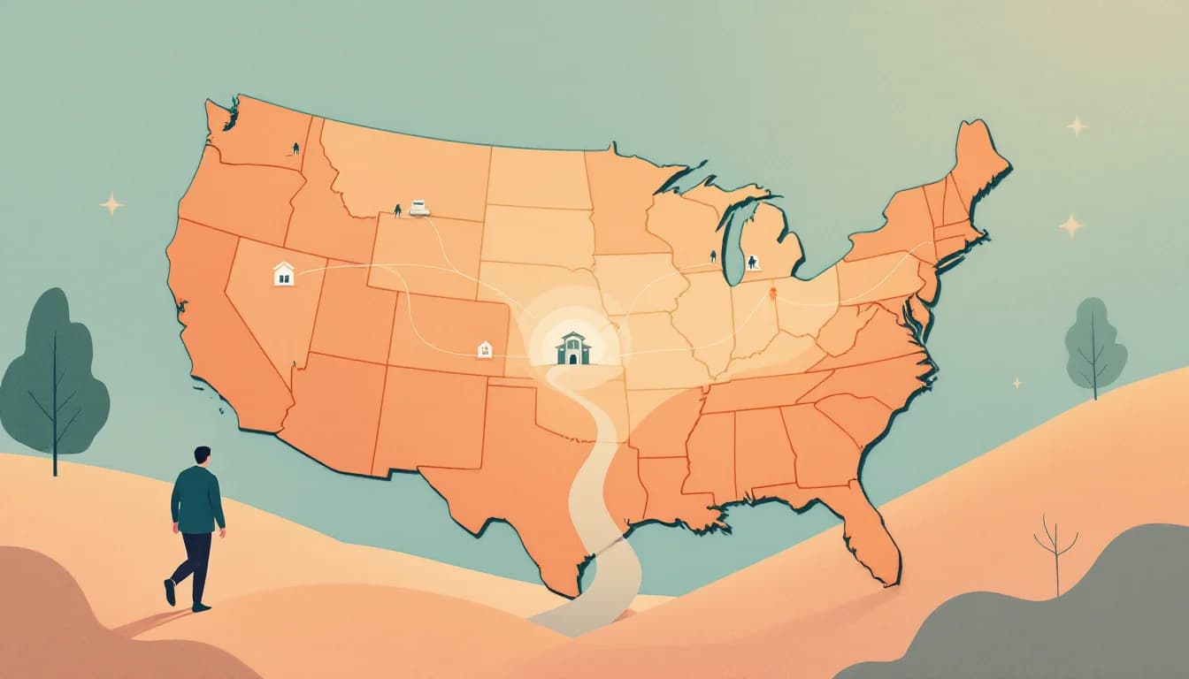 Outpatient treatment clinics connected across a United States map with medication symbols and a figure walking toward sunrise, warm editorial illustration