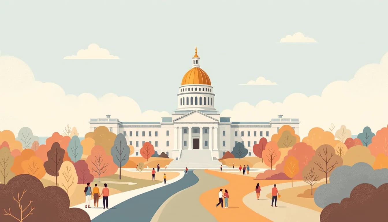Iowa state capitol building with grant funding symbols flowing to community organizations, warm editorial illustration