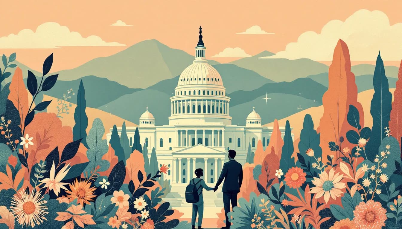 California state capitol building with university research center, veteran silhouette receiving care, and botanical symbols of therapeutic research, warm editorial illustration