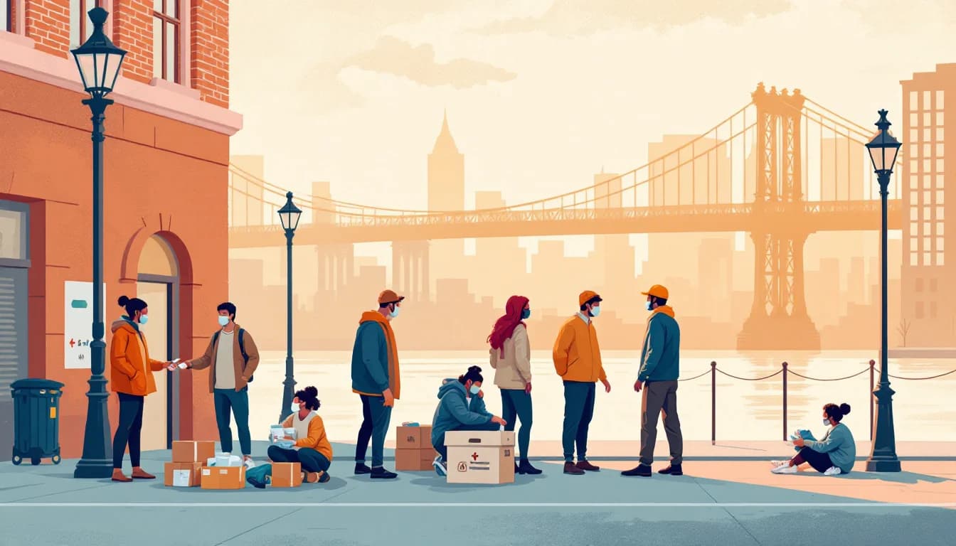 Street outreach scene with overdose reversal medication and peer support symbols, warm editorial illustration