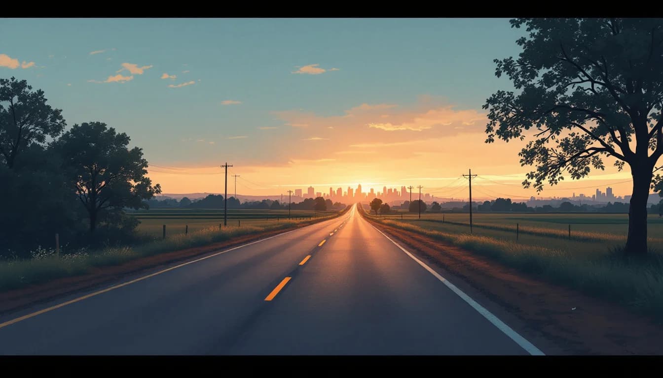 Rural county road at dusk with first aid and overdose reversal medication symbols, warm editorial illustration