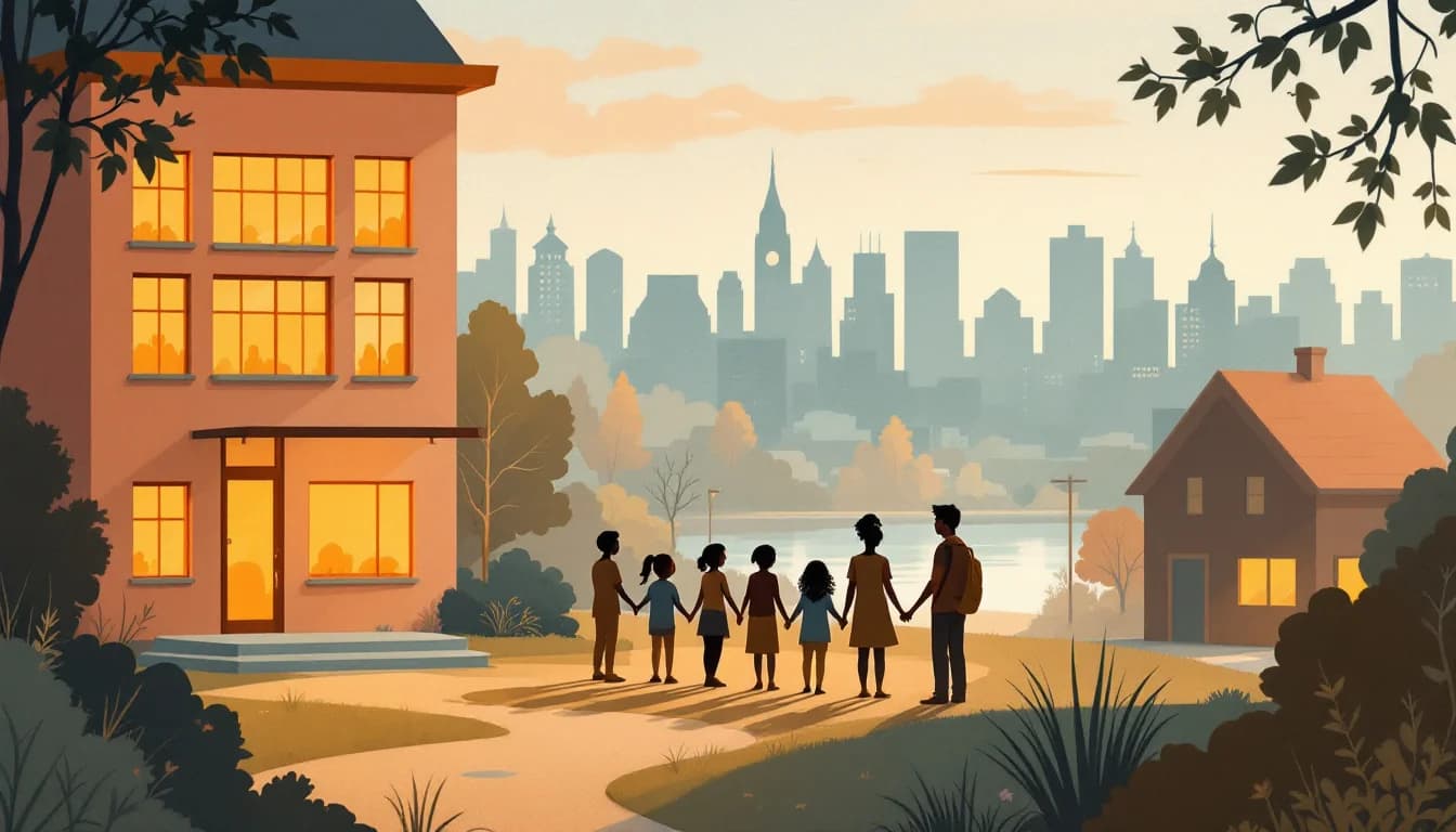 Small city skyline with supportive community and counseling symbols, warm editorial illustration