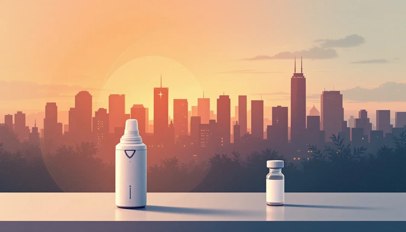 Editorial illustration of a naloxone nasal spray on a counter beside a blank drug-testing vial