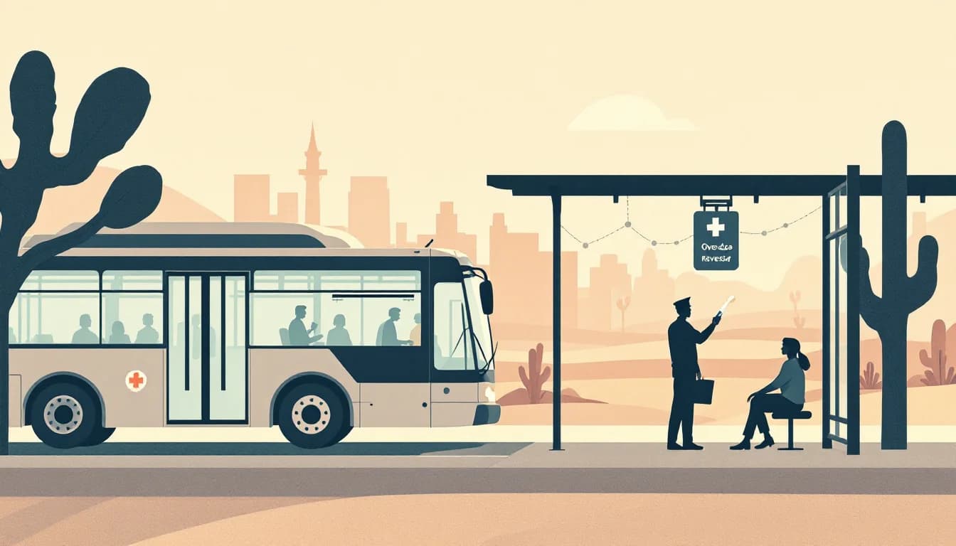 Transit bus at a night shelter with naloxone nasal spray symbols and a security officer assisting a seated person, warm editorial illustration