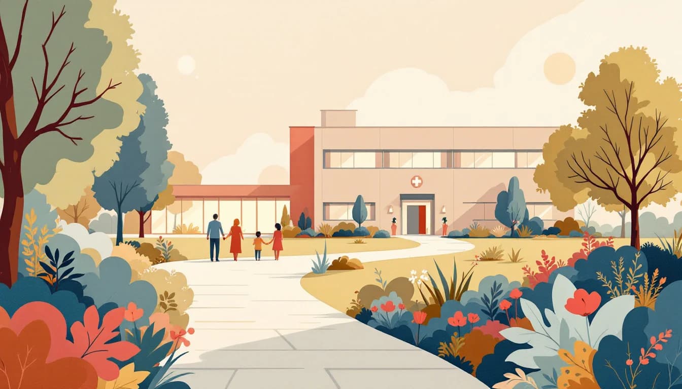 Warm editorial illustration of a modern hospital building with healing garden and care pathway symbols