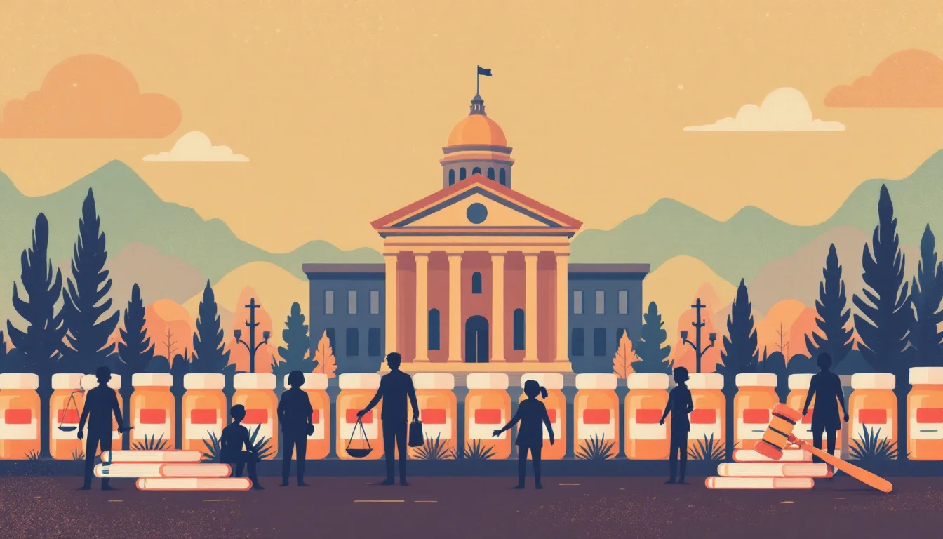 Courthouse with scales of justice and prescription bottle silhouettes behind a records barrier, warm editorial illustration