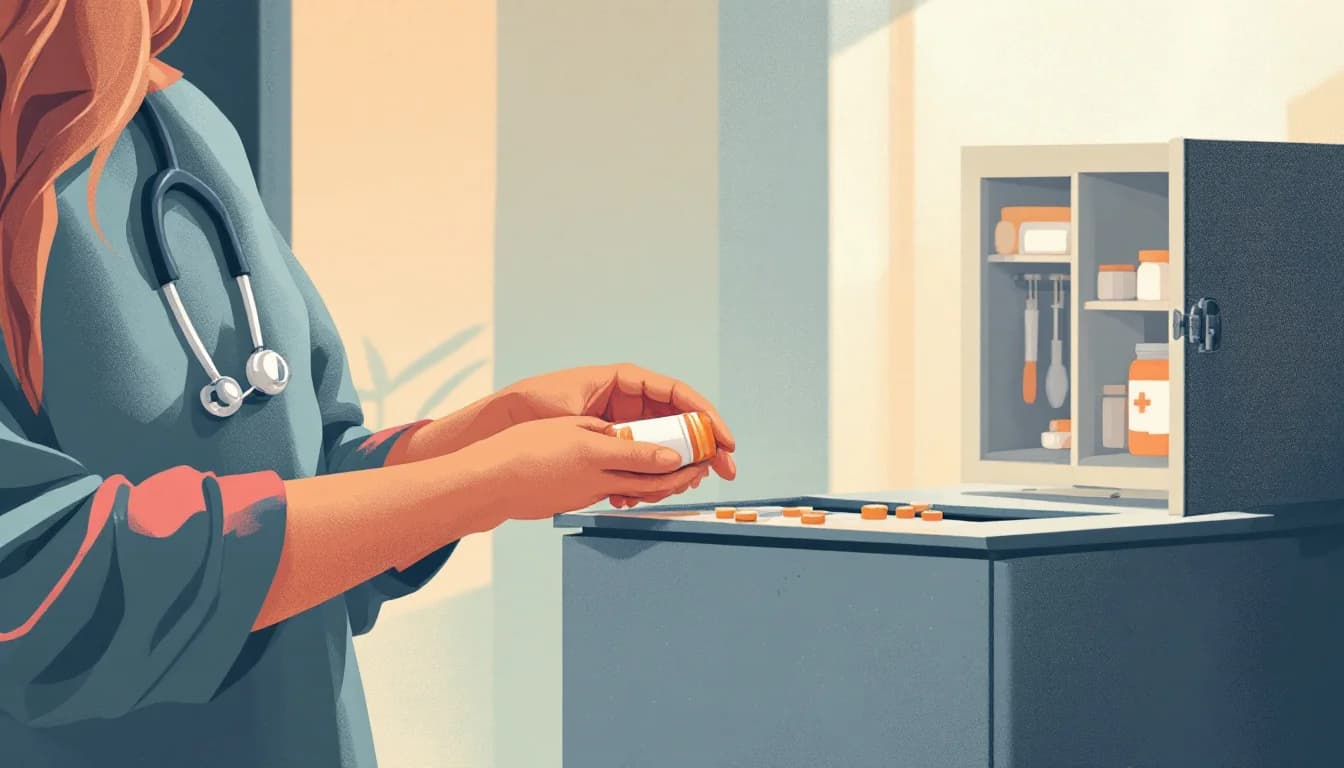 Warm editorial illustration of hands placing a pill bottle into a secure medication collection box near a home medicine cabinet