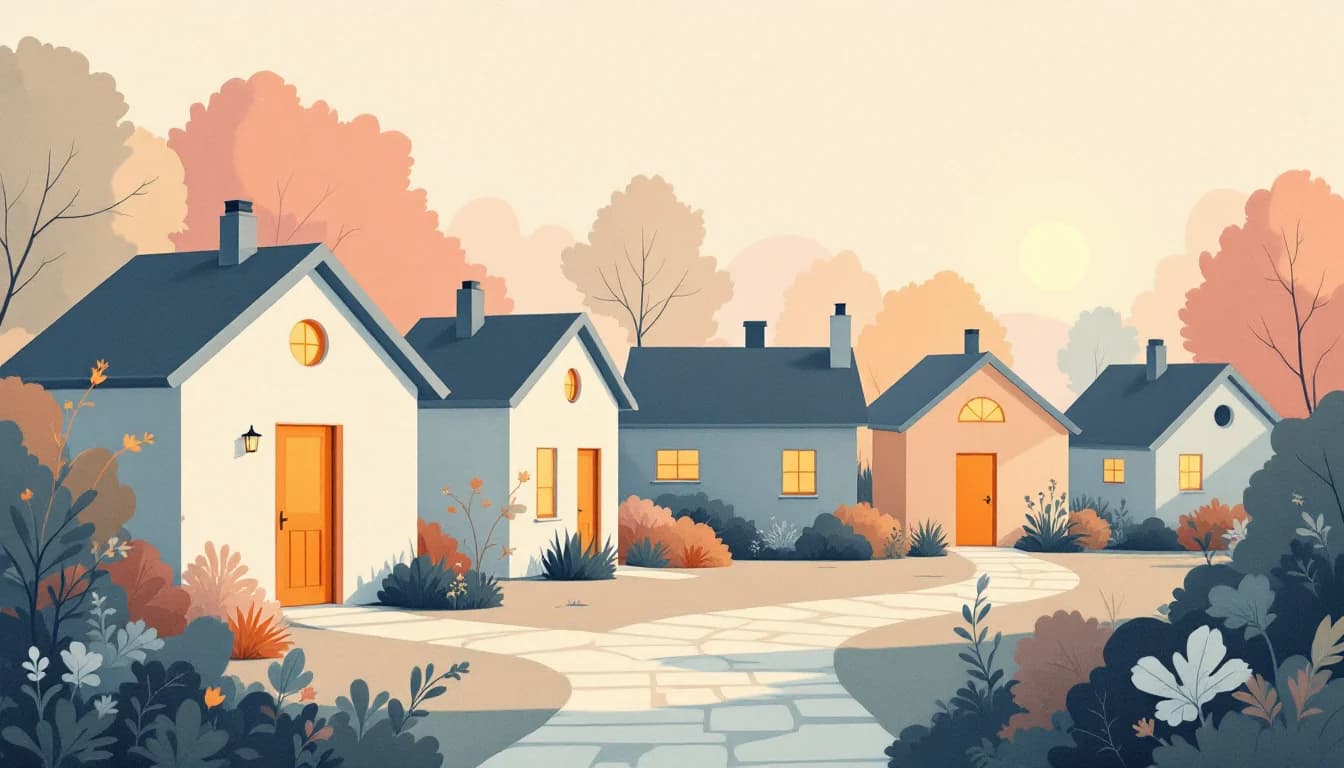 Warm editorial illustration of a shared residential house and pathway symbols representing recovery housing
