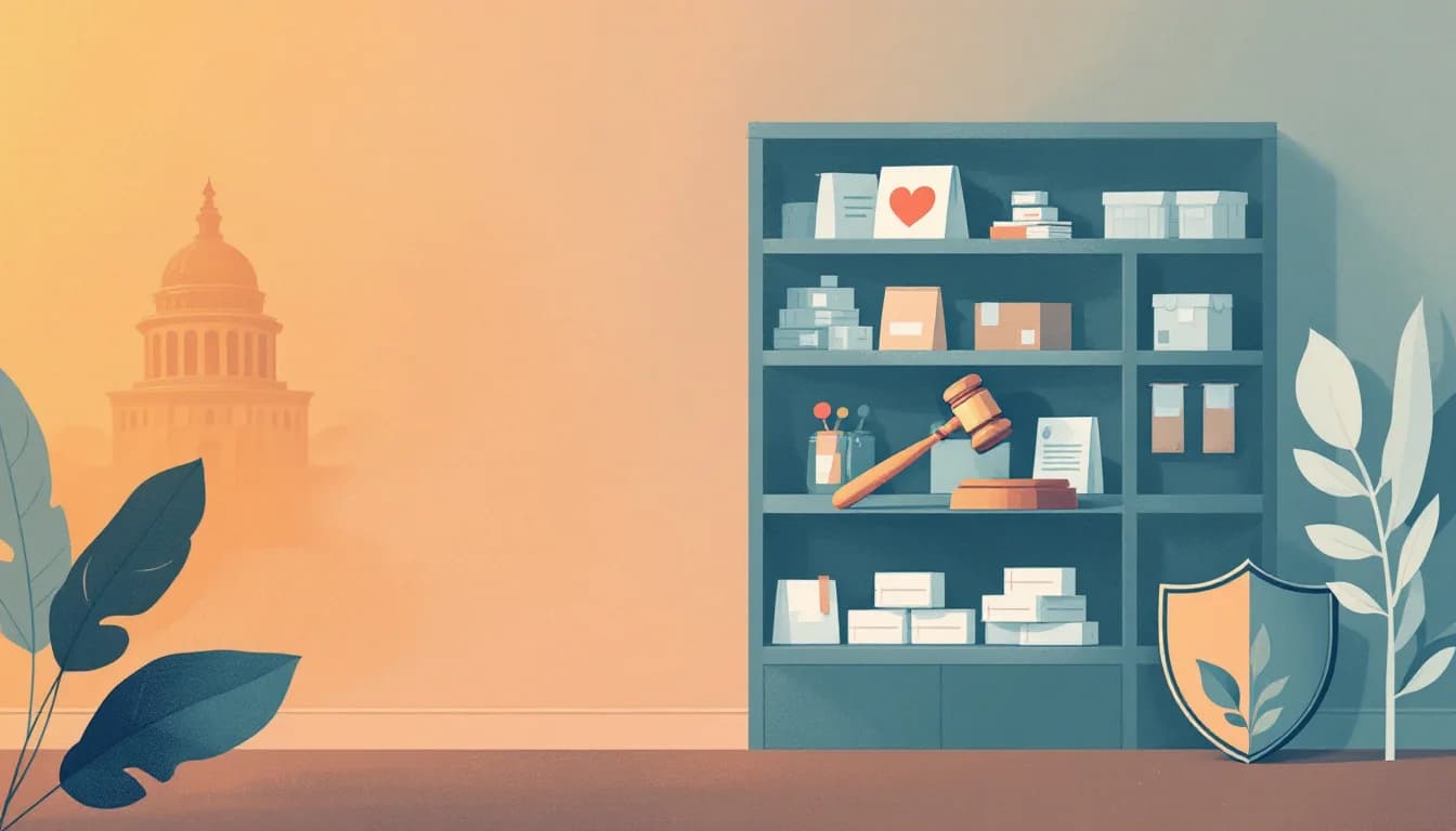 State capitol with gavel and legal document symbols beside a store shelf being cleared of unlabeled packages, warm editorial illustration