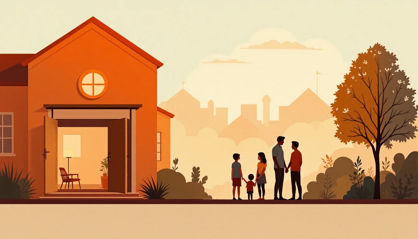 Warm editorial illustration of a school building with support symbols and counseling pathway in soft muted tones
