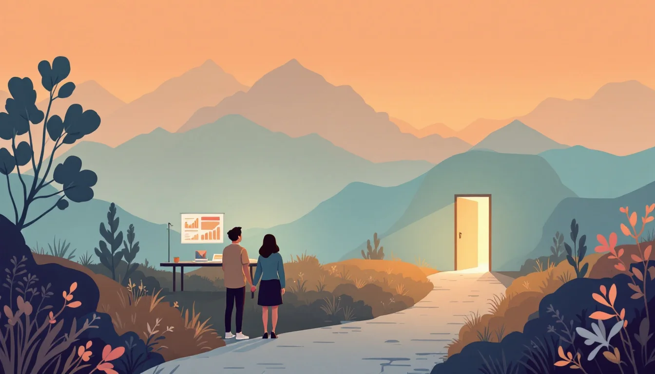 Warm editorial illustration of mountain silhouettes, a public health data dashboard and a community outreach path