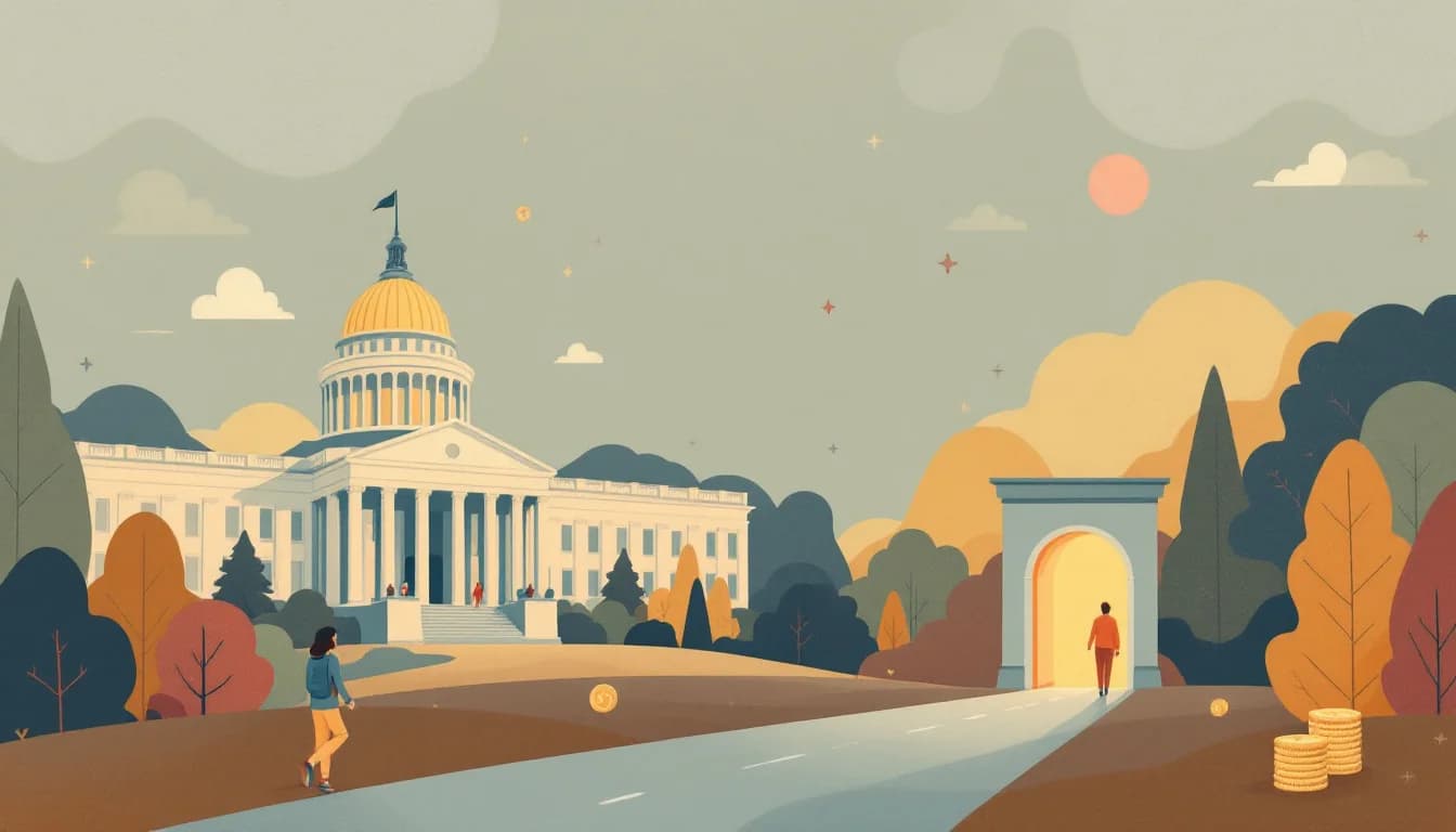 A state capitol corridor with legislative documents and a quiet hallway, warm editorial illustration