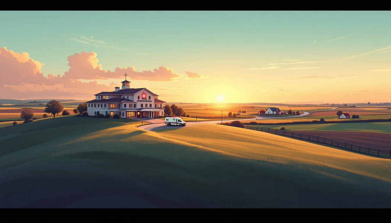 A small rural hospital on a ridge at sunrise with an ambulance at the entrance and arcs connecting distant clinics, warm editorial illustration