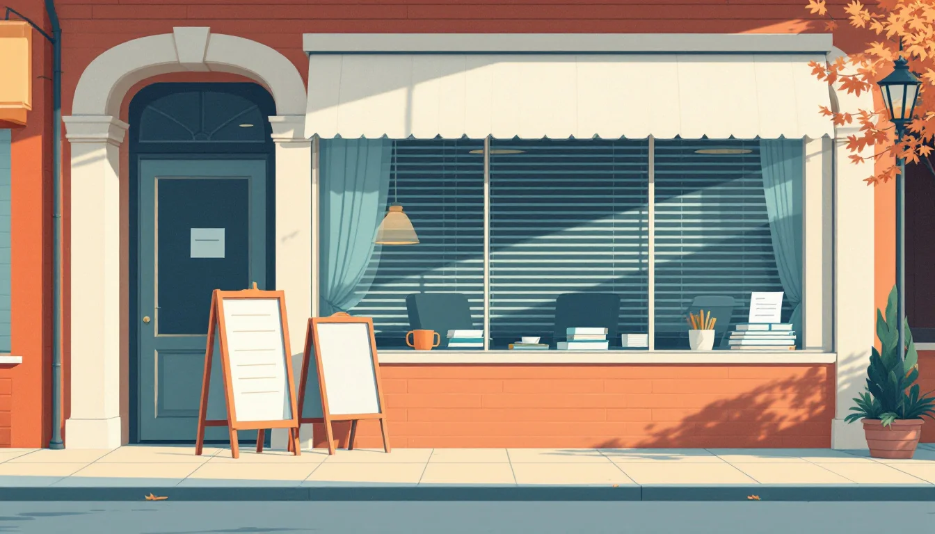 Small-town clinic storefront with a caseworker's folder on a windowsill and empty waiting chairs in afternoon light