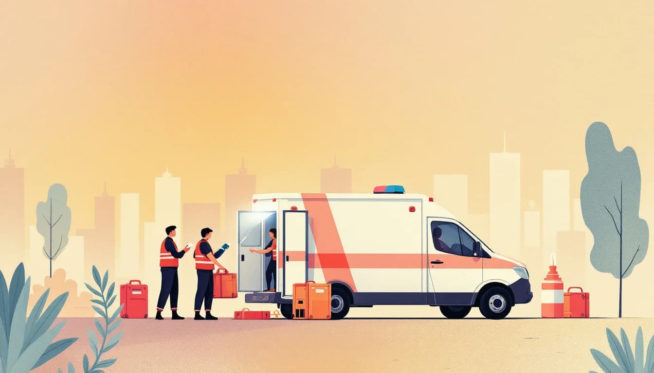 Emergency medical responders beside an ambulance with overdose reversal medication symbols, warm editorial illustration