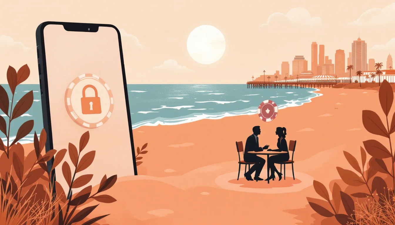 A phone screen showing a closed online betting account beside a calm counselor silhouette, warm editorial illustration
