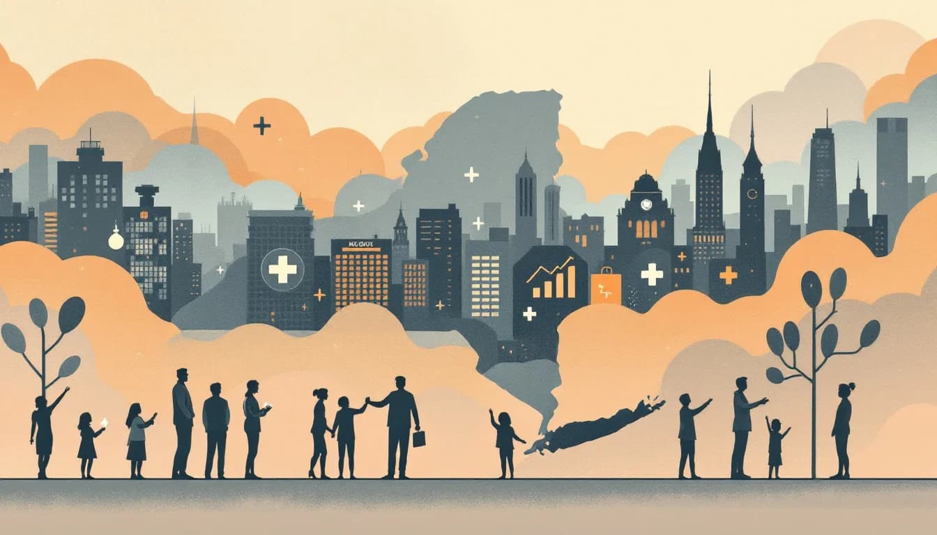 A declining trend line over a state map with harm reduction and naloxone symbols, warm editorial illustration
