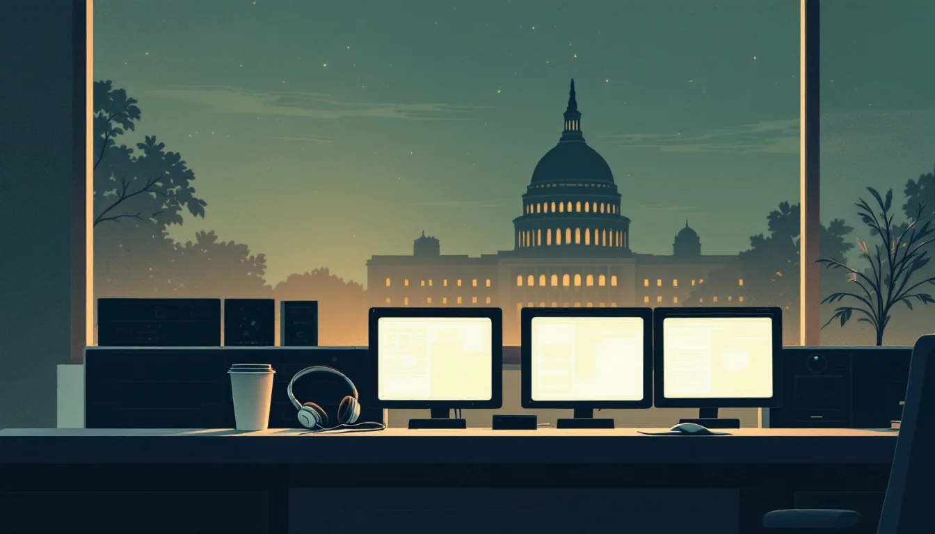 Dispatch console at night with a headset on the desk, glowing screens seen from behind and a capitol dome faint in the window