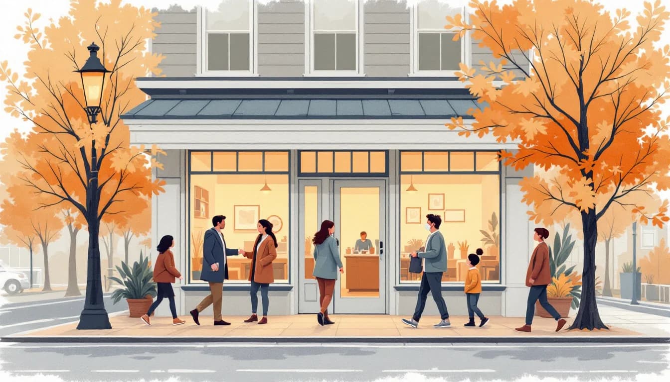 Warm editorial illustration of a converted corner storefront with two welcoming entrances and a support worker greeting a visitor