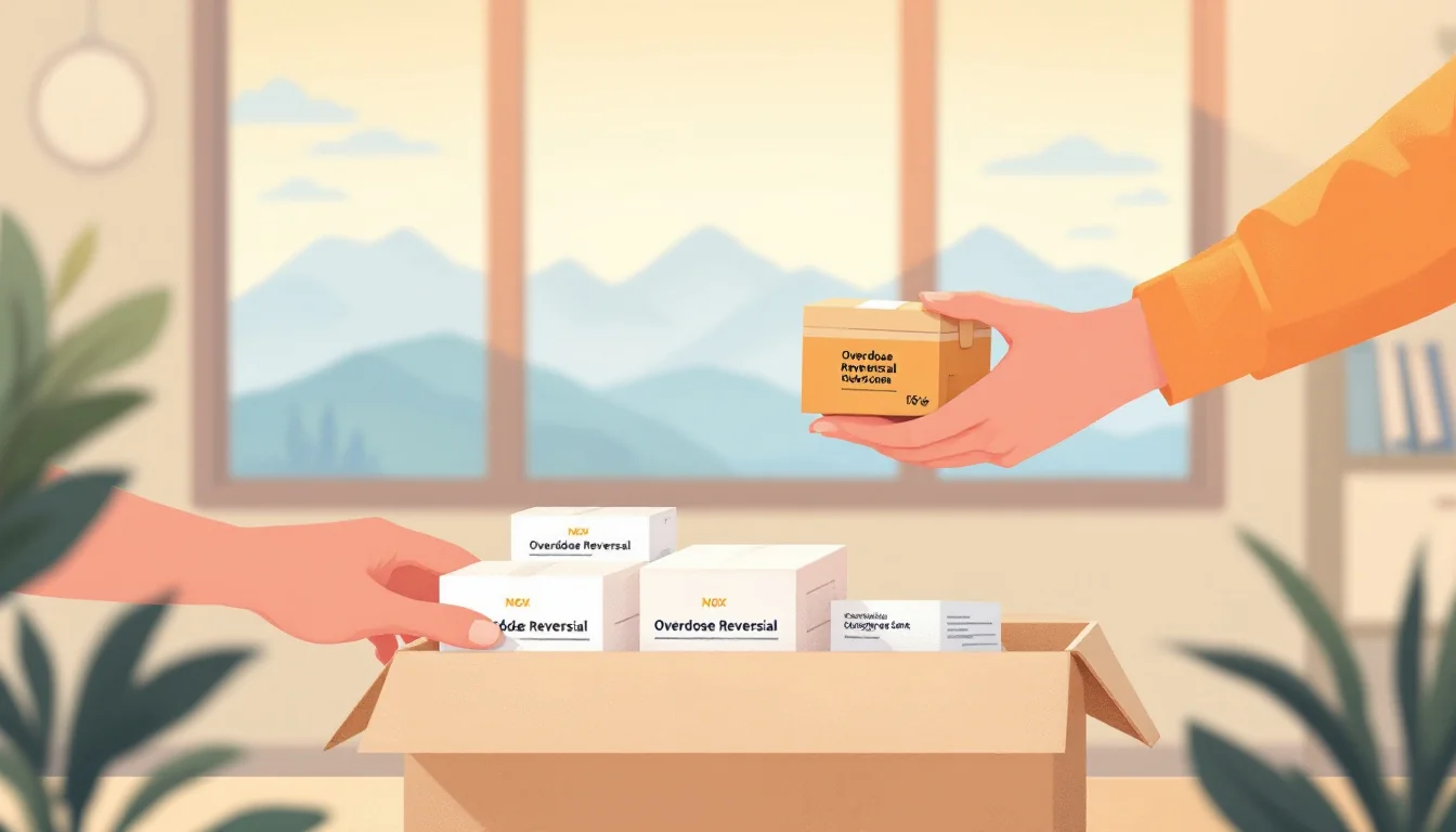Overdose reversal medication kits stacked in a distribution room with mountain silhouettes beyond the window, warm editorial illustration