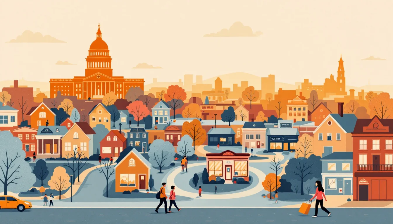 State capitol silhouette with grant funding pathways reaching neighborhood storefronts and clinic buildings, warm editorial illustration
