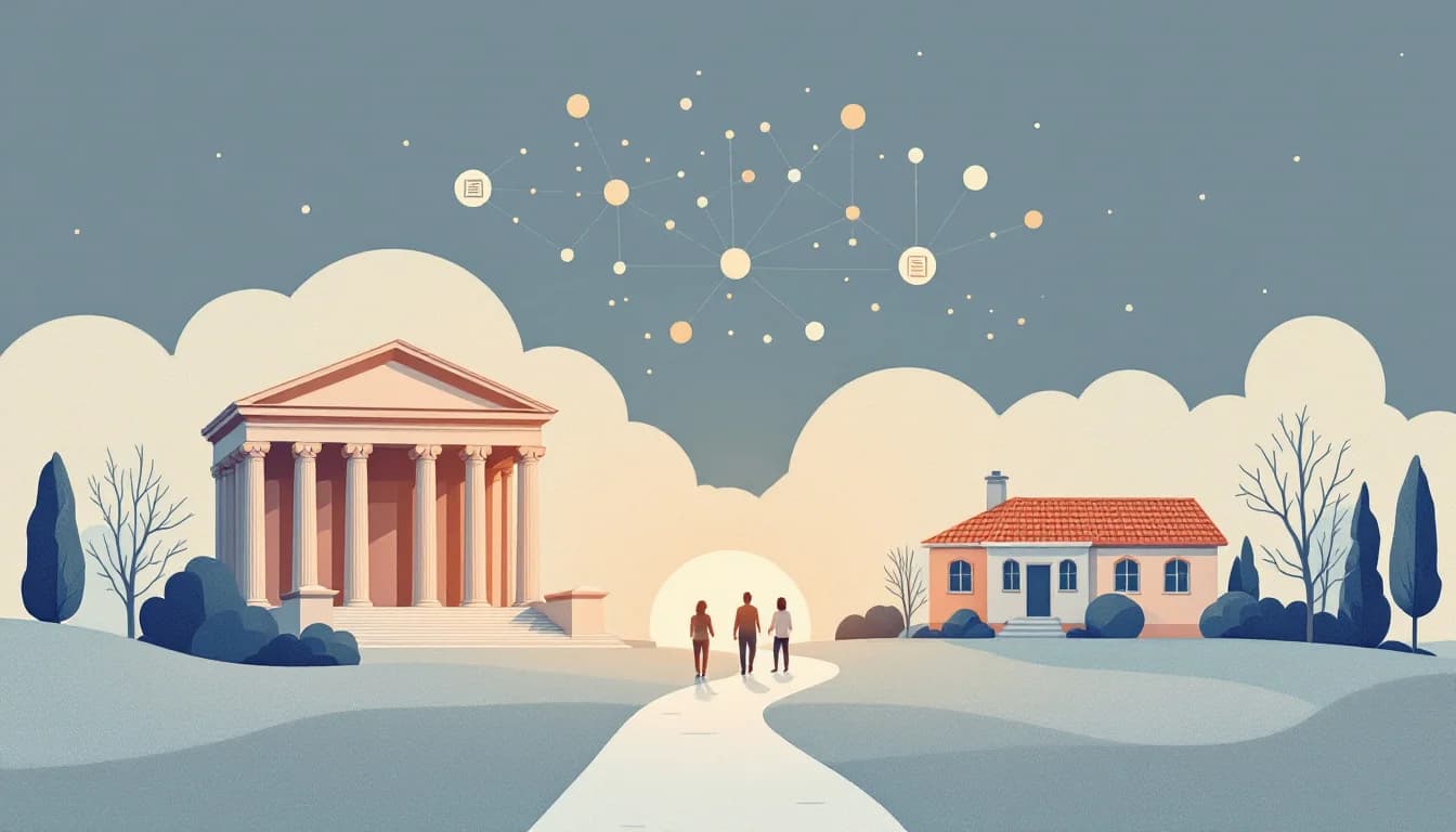 Silhouettes of people walking away from a treatment facility toward a courthouse, warm editorial illustration