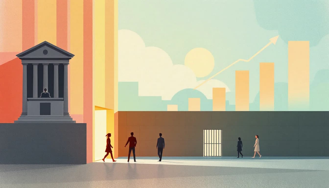 Courthouse bench silhouette beside an open gate leading to a treatment pathway, warm editorial illustration