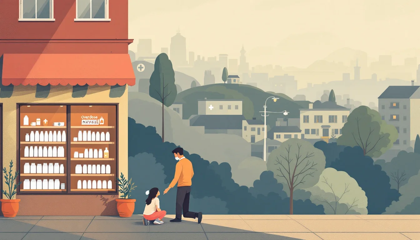 Warm editorial illustration of a San Francisco storefront with unlabeled supplement packages and overdose reversal spray symbols