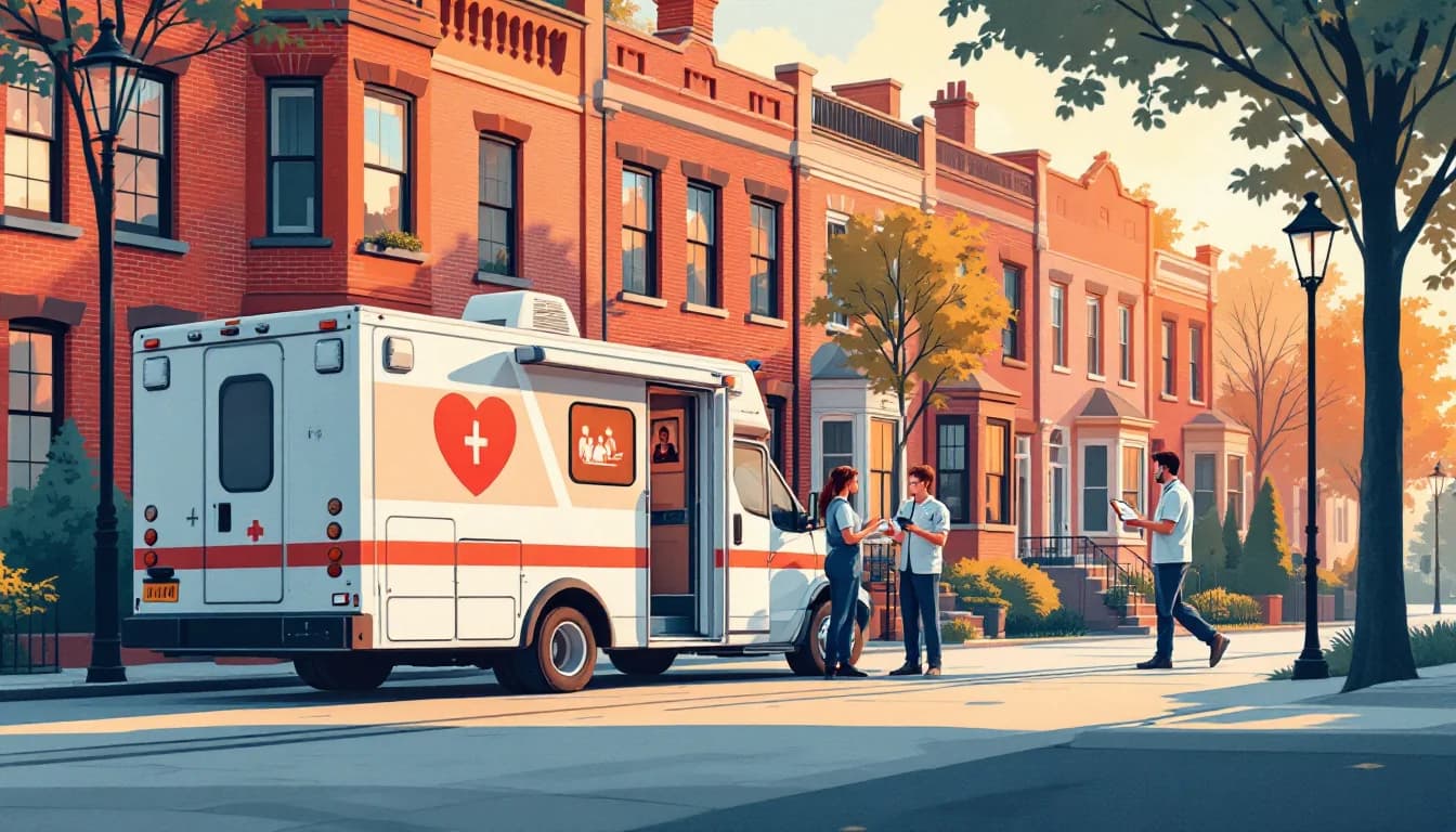 Paramedics speaking with a resident beside a mobile health van on a brick rowhouse street, warm editorial illustration