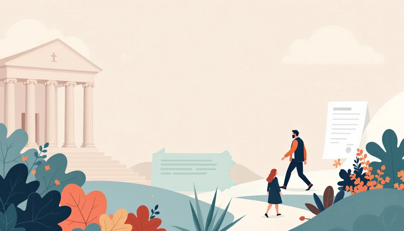 Courthouse with scales of justice and gavel beside a Pennsylvania state outline, warm editorial illustration