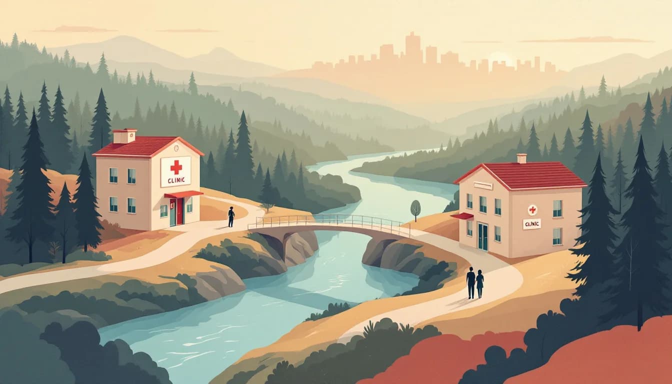 Editorial illustration of two clinic buildings joined by a pathway across a river valley, with a person walking toward morning light