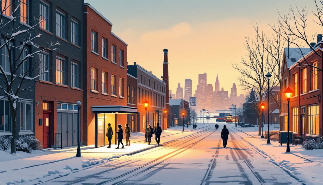 Editorial illustration of a winter shelter doorway with a bus route and city buildings, warm light inside