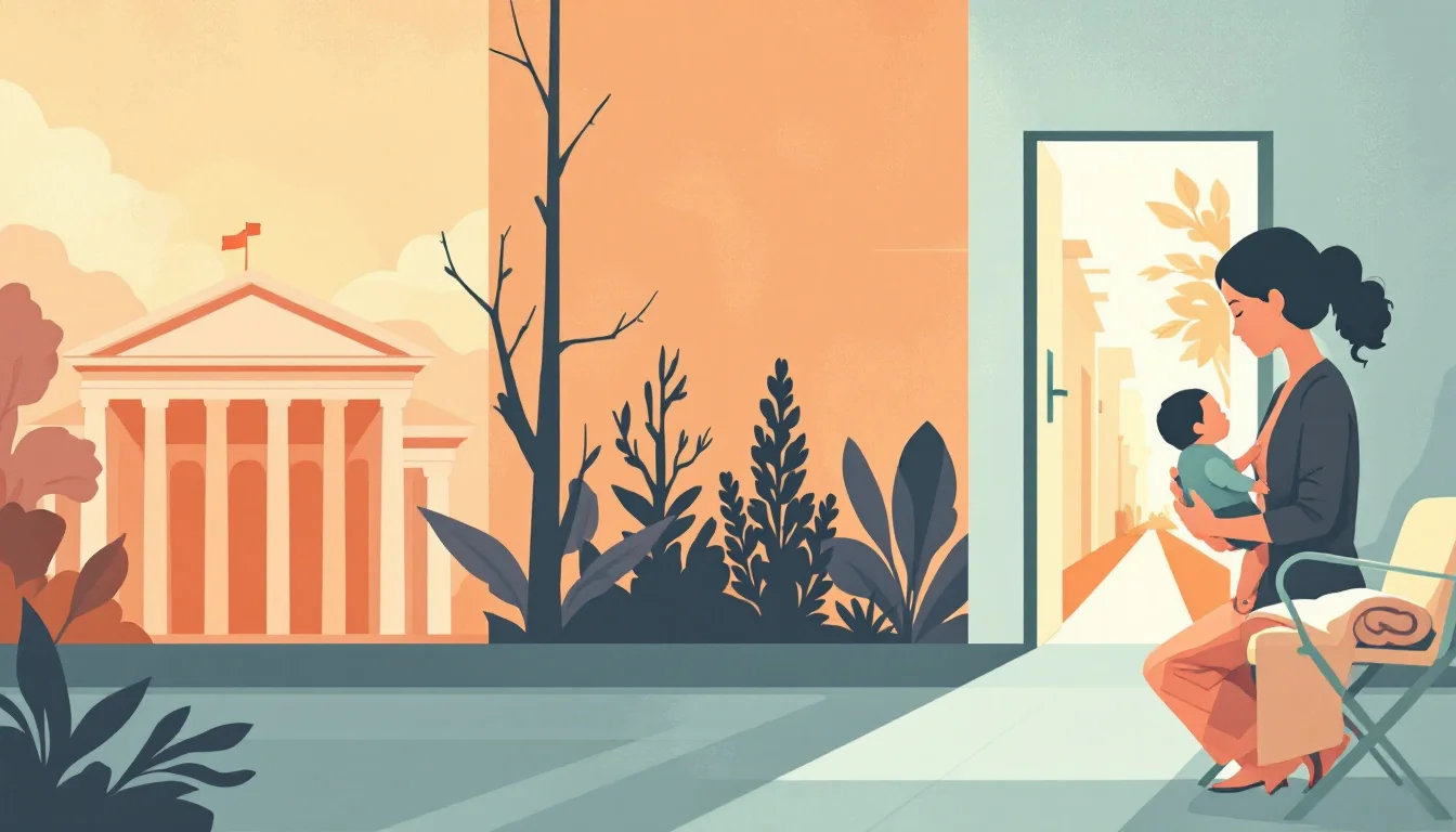 A courthouse doorway with a mother and infant silhouetted in warm editorial illustration tones