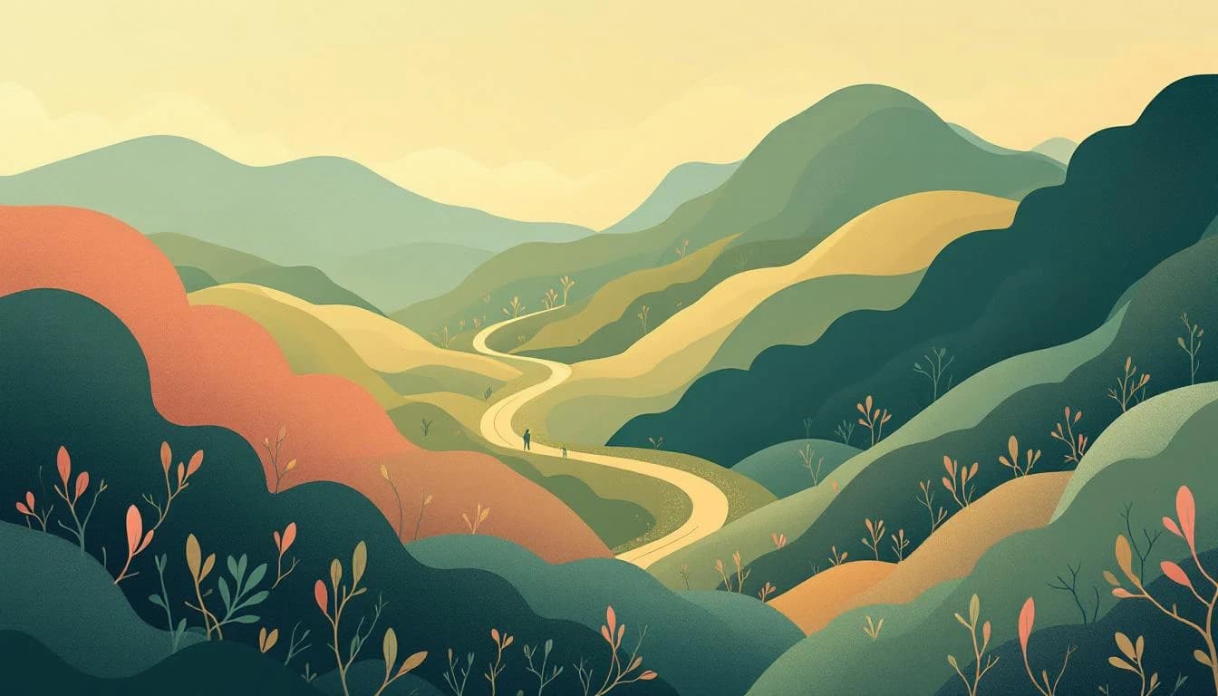 Abstract illustration showing interconnected support networks in warm amber, sage green, and coral tones