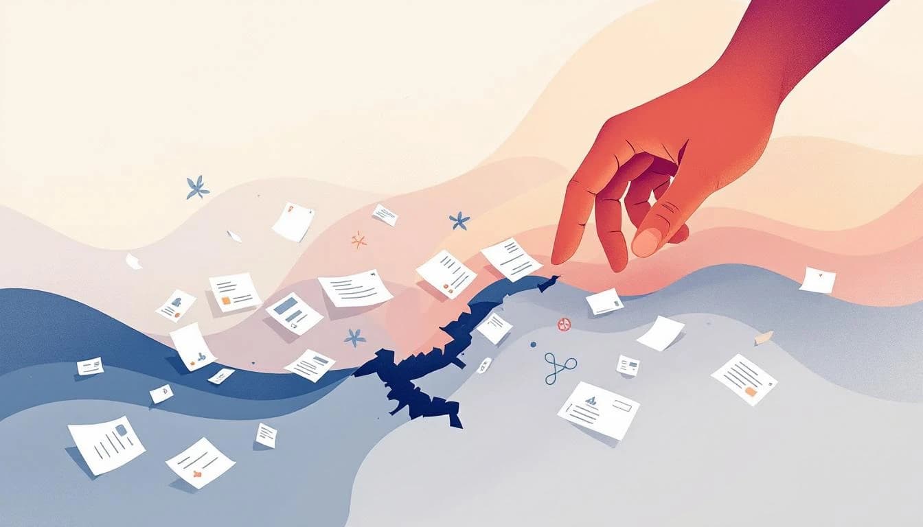 Abstract illustration of financial crisis impacting community services with broken pathways and scattered resources