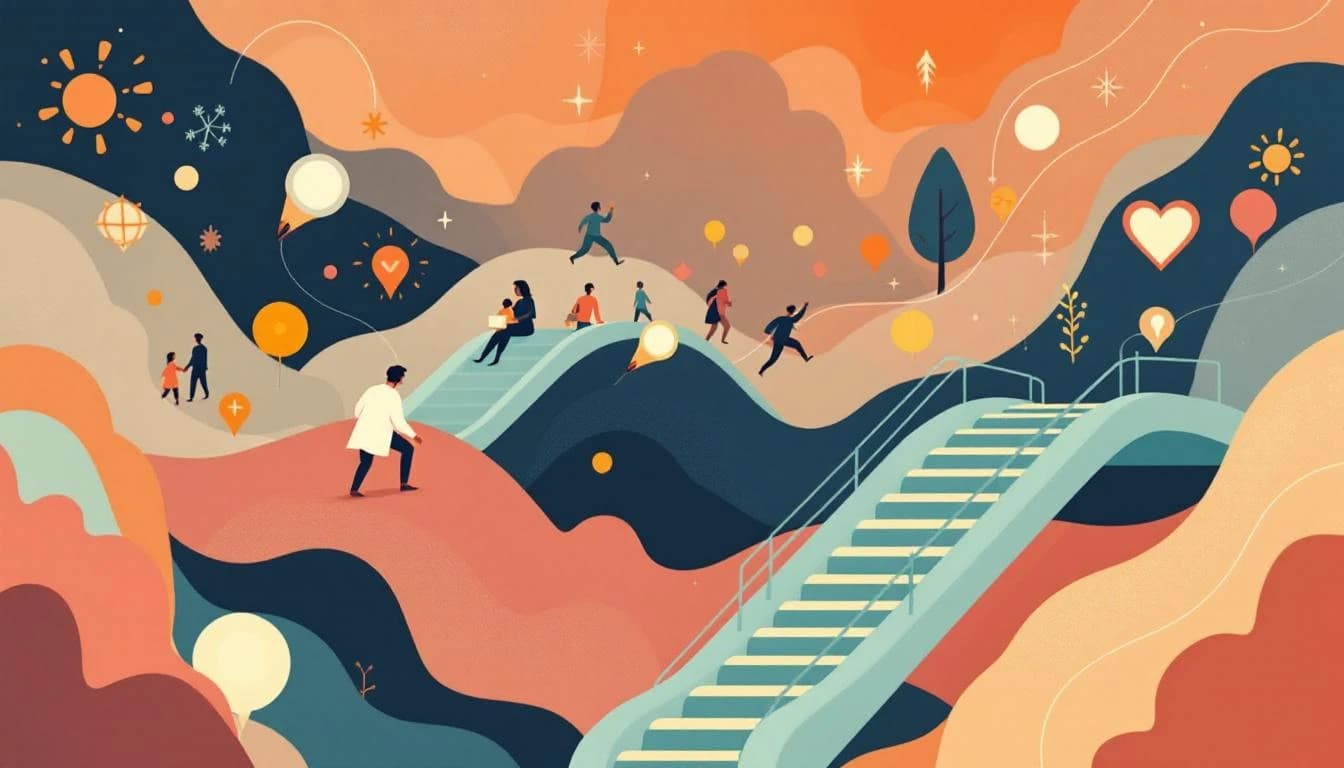 Abstract illustration of protective emergency lifelines reaching through transit pathways in warm amber and soft teal tones